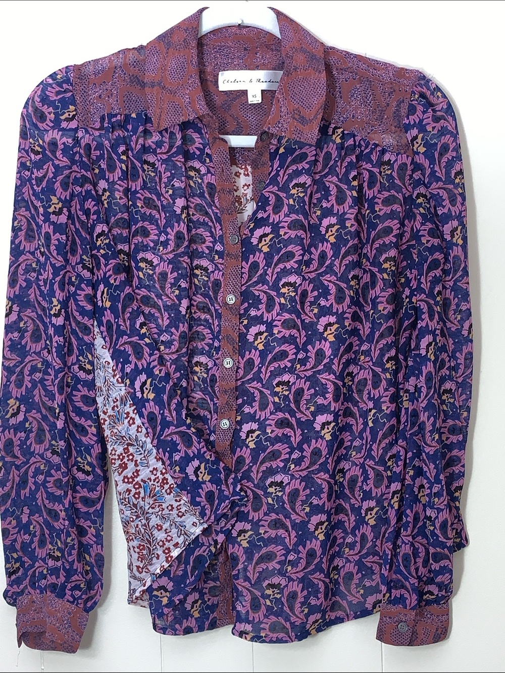 Chelsea & Theodore Purple and Pink Printed Button-Down Blouse